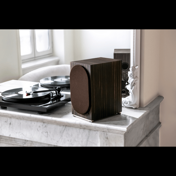 MODERN CLASSIC: Triangle dresses its AIO Twin speaker system in luxurious Macassar finish